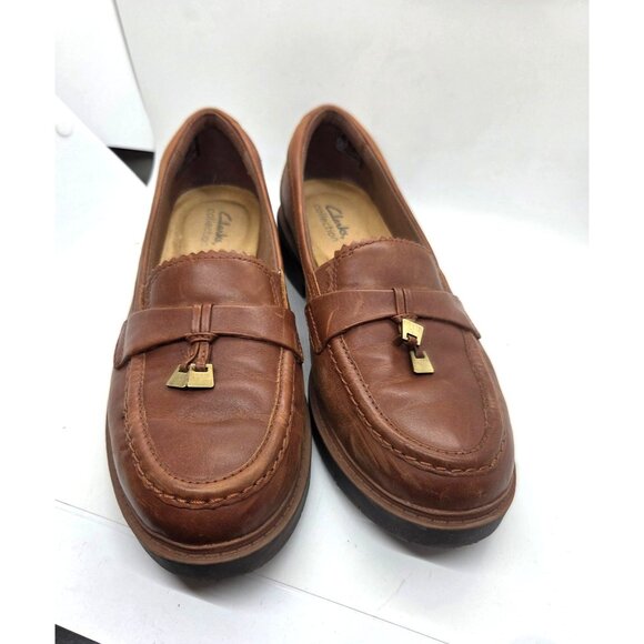 Womens Clarks Collection Brown Leather Loafers 9.5 Cushioned comfort classic - Picture 2 of 7